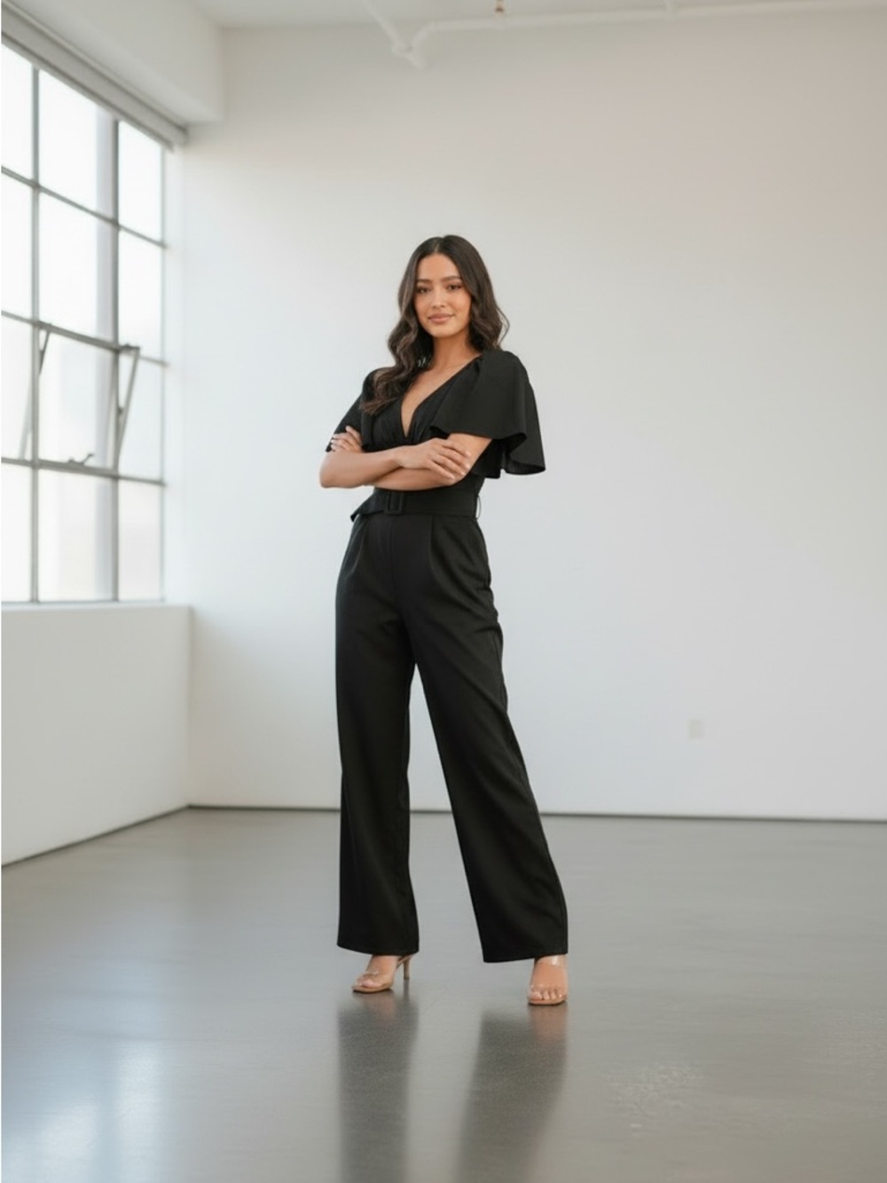 Lilly NEW Short Puff Sleeve V-neck Belted Wide-Leg Jumpsuit in black - Picture 5 of 6